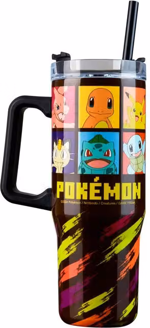 Pokemon Insulated Travel Mug with Straw and Handle, Black and Multicolour, 940ml – 7