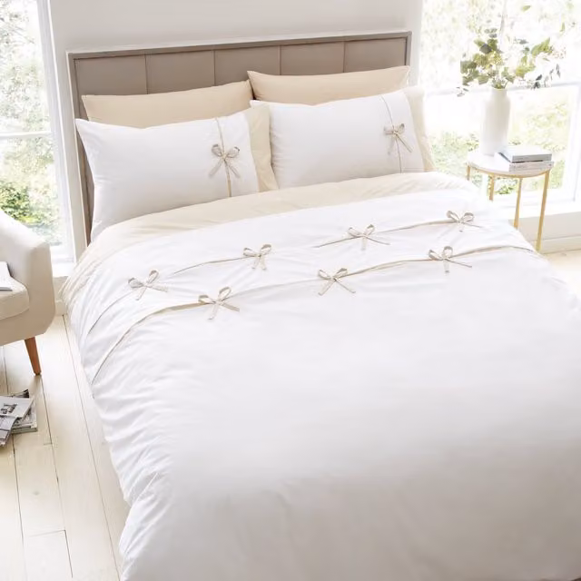 Catherine Lansfield Milo Bow Duvet Cover Bedding Set in Grey and White