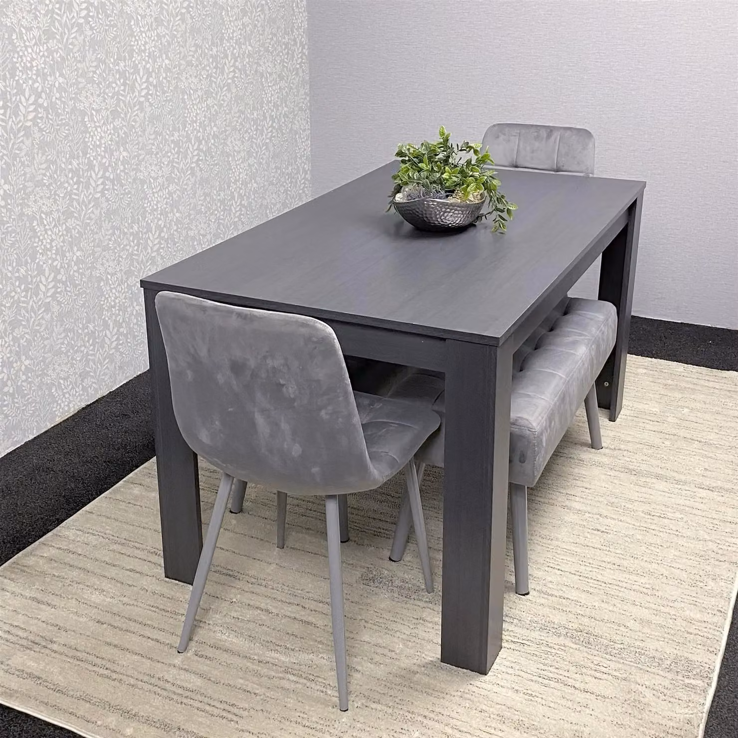KOSY KOALA Modern Dining Table Set with 2 Grey Velvet Chairs and 2 Grey Benches in Brown – 3