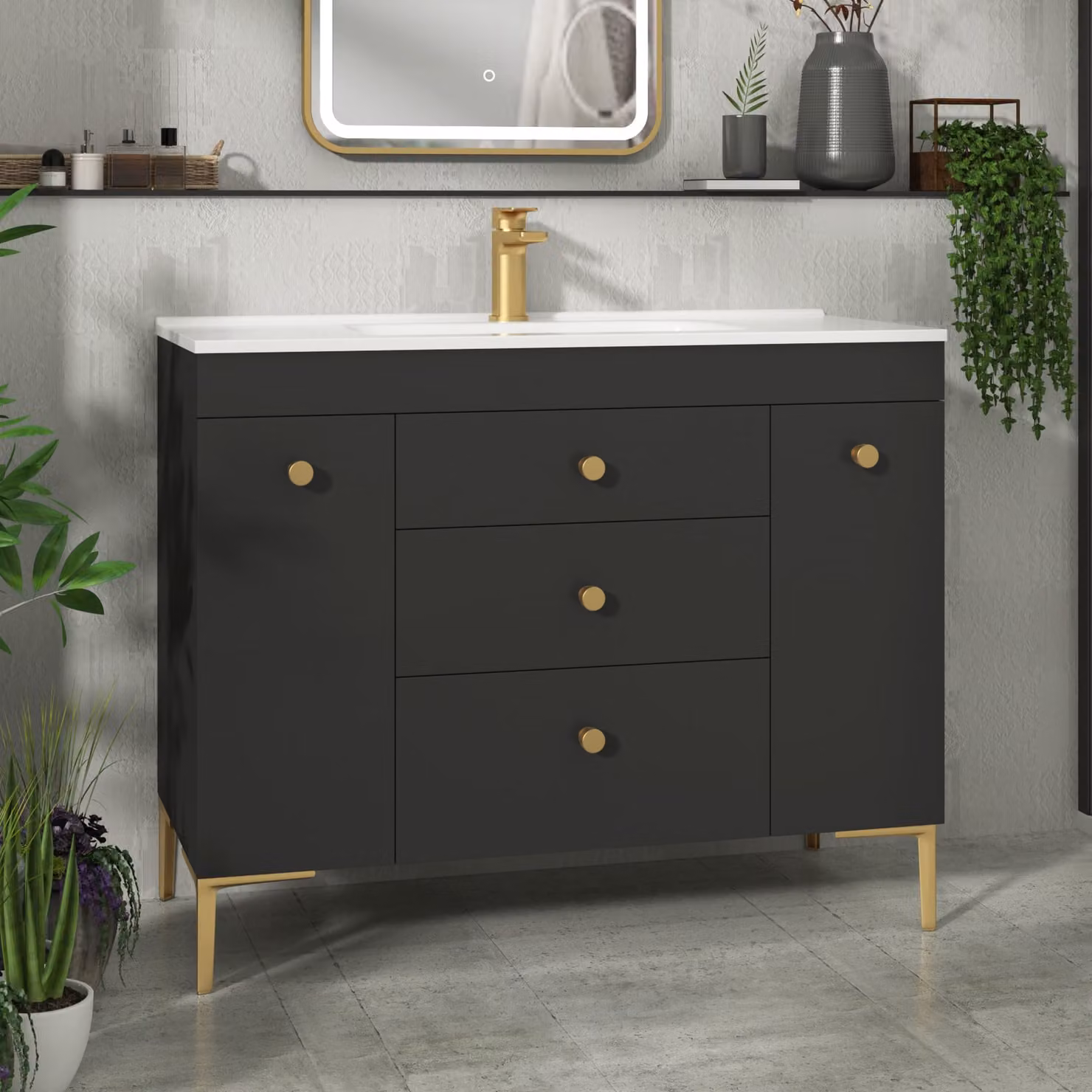 Royal Bathrooms Verona 1000mm Matt Black Floor Standing Vanity Unit with 3 Drawers, Dual Side Pull Out Storage and Ceramic Basin with Brushed Brass Knob