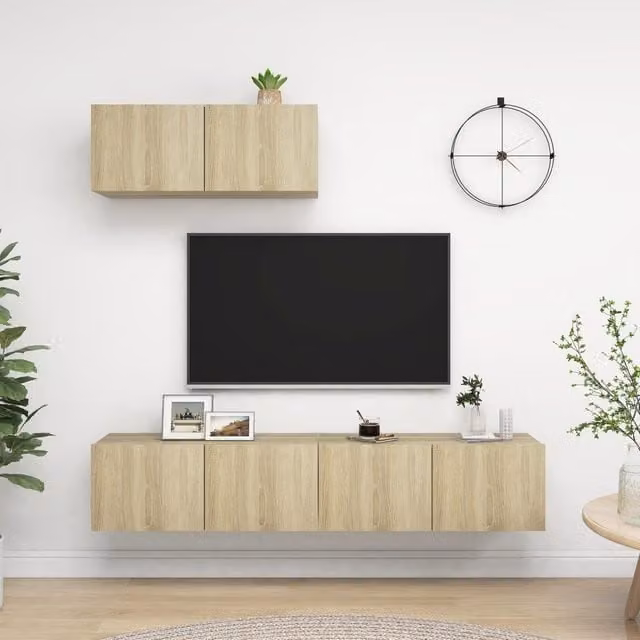 Berkfield Home 3-Piece Modern Wall-Mounted TV Cabinet Set in Sonoma Oak Brown and Beige MDF – 1