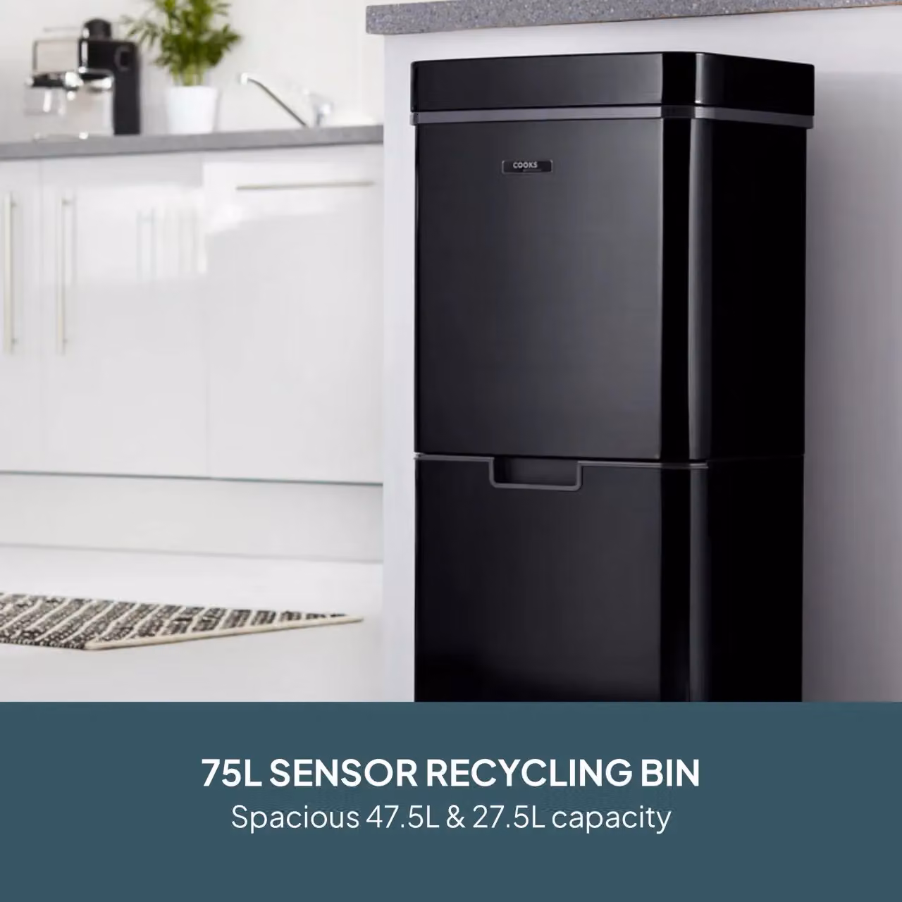 Cooks Professional 75L Recycling Sensor Bin with Dual Compartments and Food Caddy in Black – 2