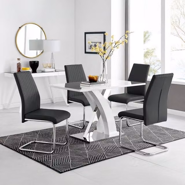 FurnitureboxUK Atlanta White High Gloss Rectangular Dining Table with X-Frame Legs and 4 Black Lorenzo Dining Chairs Set