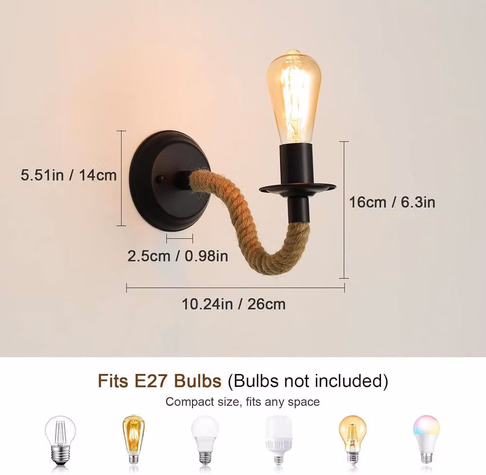 Goeco 2 Piece Set of Industrial Style Vintage Wall Lamps in Black with Hemp Rope and Metal Design, E27 Fitting – 2