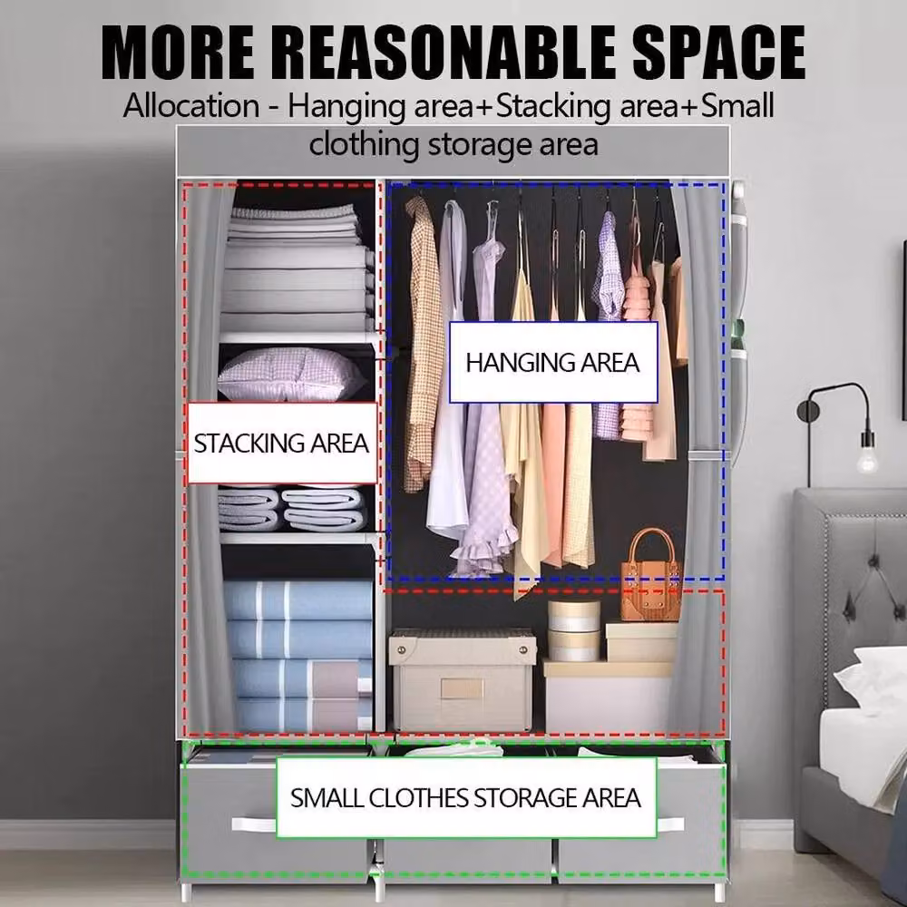 FLAVORA Grey Fabric Canvas Wardrobe with 3 Integrated Drawers, Height: 163 cm – 2