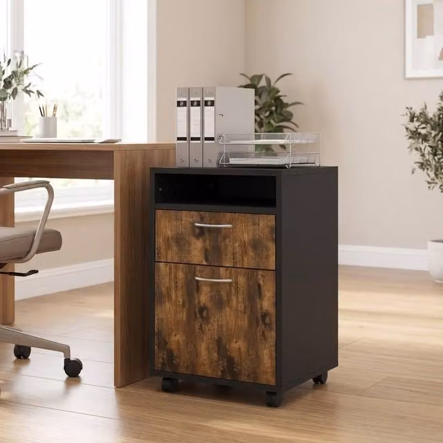 STILVORA Rustic Brown Filing Cabinet with Drawer and Castors