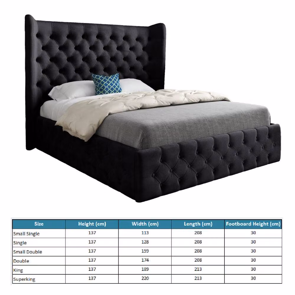 Casani Hutton Wide Winged Upholstered Designer Bed Frame in Black Soft Velvet, W/D/H: 140 x 174 x 137 cm – 6