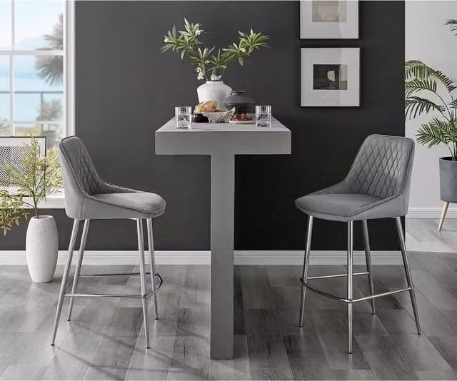 FurnitureboxUK Set of 2 Fletcher Grey Velvet Breakfast Bar Stools with Silver Metal Legs