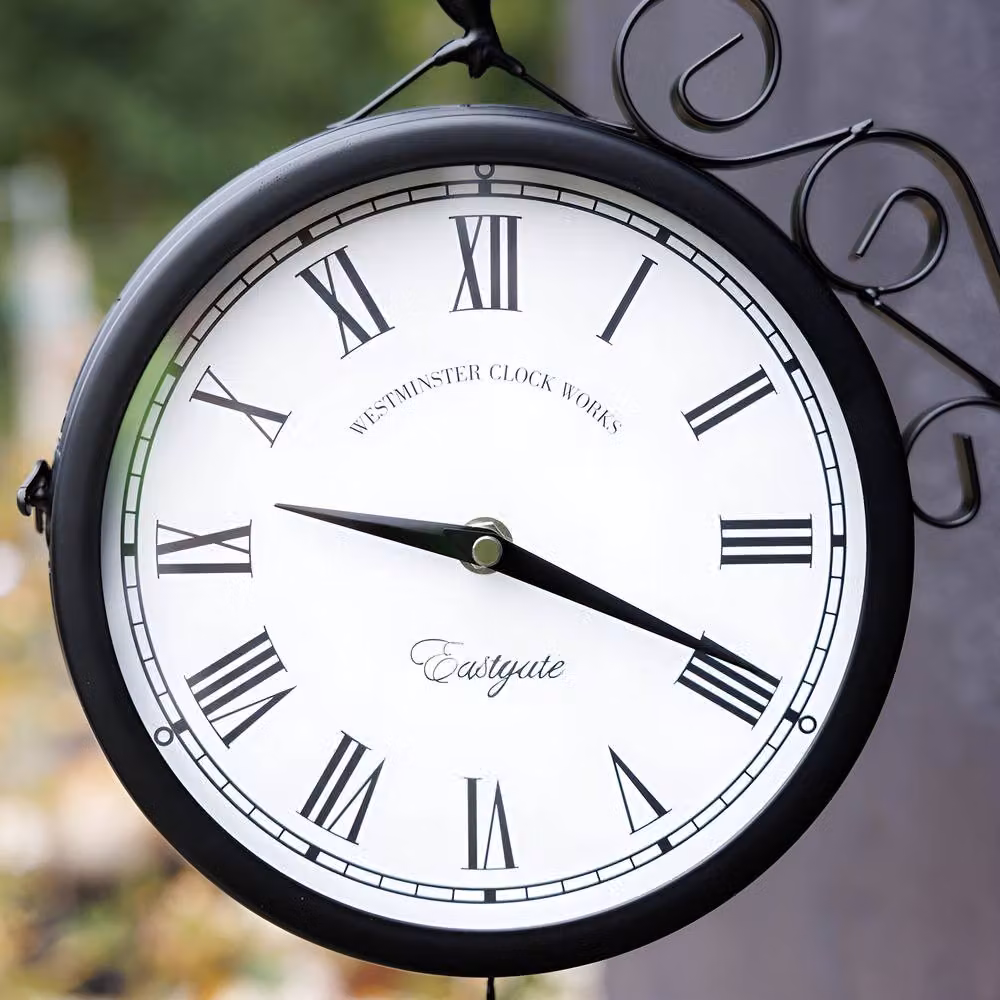 Primrose Double Sided Station Wall Clock with Bell Cockerel in Black Metal, Diameter: 30 cm – 2