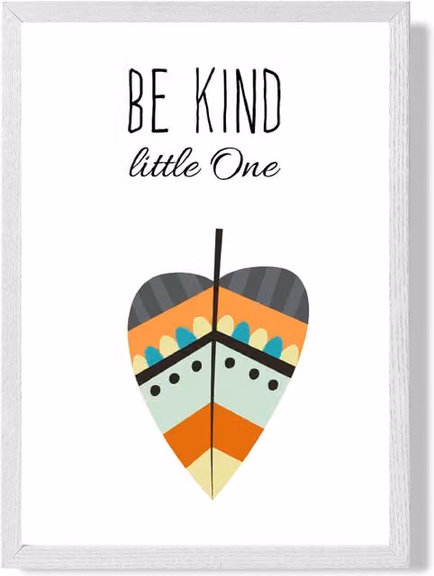 ARTZE Be Kind Leaf Tribal Quote Framed Print, Bright Blue and White, A2