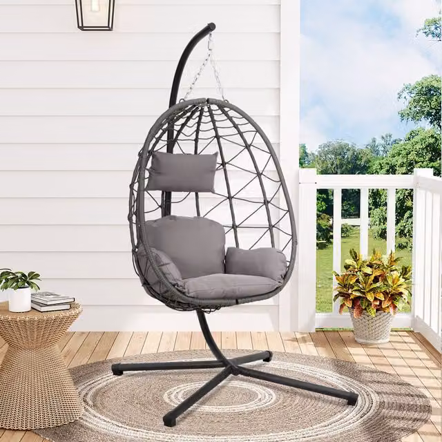 Komore Grey Hanging Chair with Cushion in Rattan and Steel