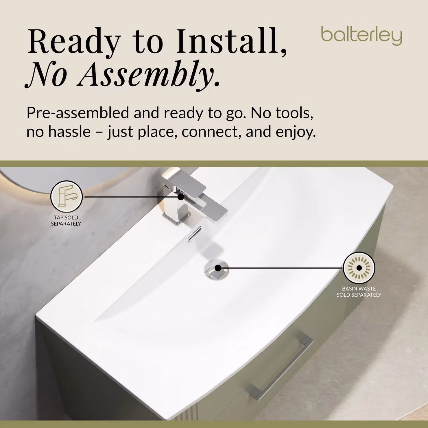 Balterley Wall Hung 2 Drawer Vanity Unit with Curved Basin, Satin Green, Width: 80 cm – 3