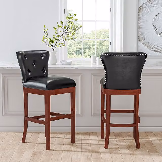 Livingandhome Set of 2 Black Synthetic Leather Padded Bar Stools with Buttoned Back and Rubberwood Frame