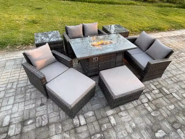 Fimous 7 Seater Rattan Outdoor Garden Furniture Set with Gas Fire Pit Table, Love Sofa, Armchair, 2 Footstools and 2 Side Tables in Dark Grey