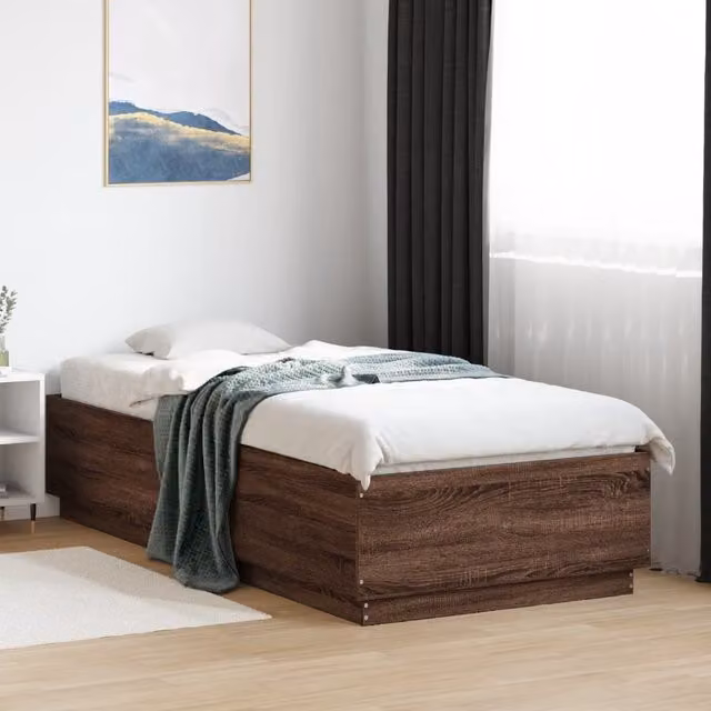 Berkfield Home Modern Bed Frame with LED Lighting and USB Charging Port in Brown Oak, W/D/H: 90 x 200 cm – 1