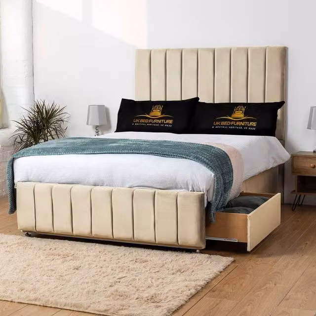 UK Bed Furniture Falcon Modern Upholstered Divan Bed with 4 Drawers in Beige Fabric, W/D/H: 120 x 200 cm