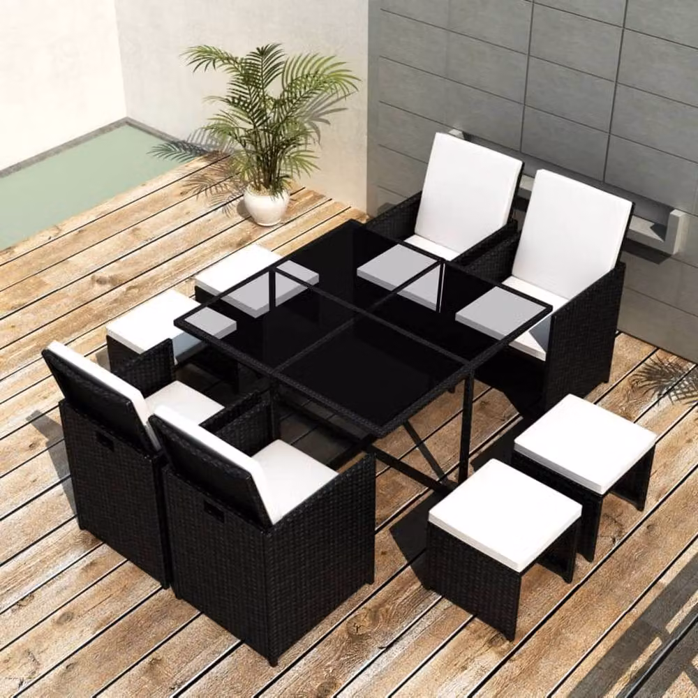 Berkfield Home Elegant 9 Piece Poly Rattan Outdoor Dining Set with Cushions in Black – 2