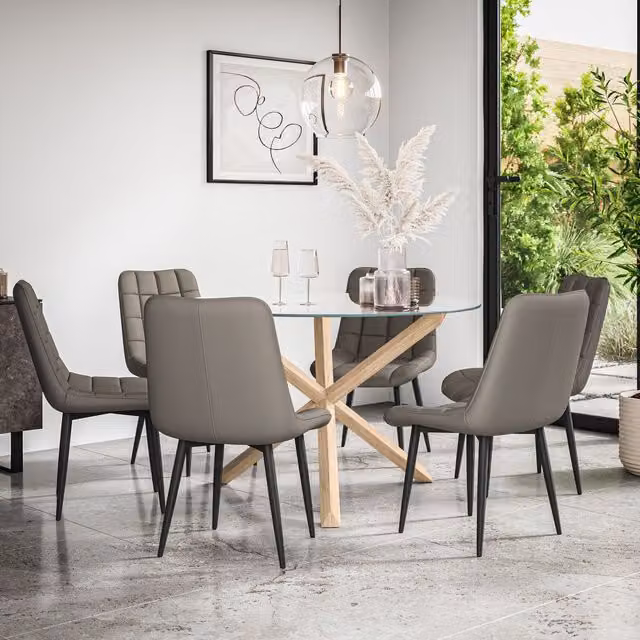 More4Homes Malvern Round Dining Table and 6 Nova Faux Leather Chairs Set, Clear Glass Top with Solid Oak Legs, Grey