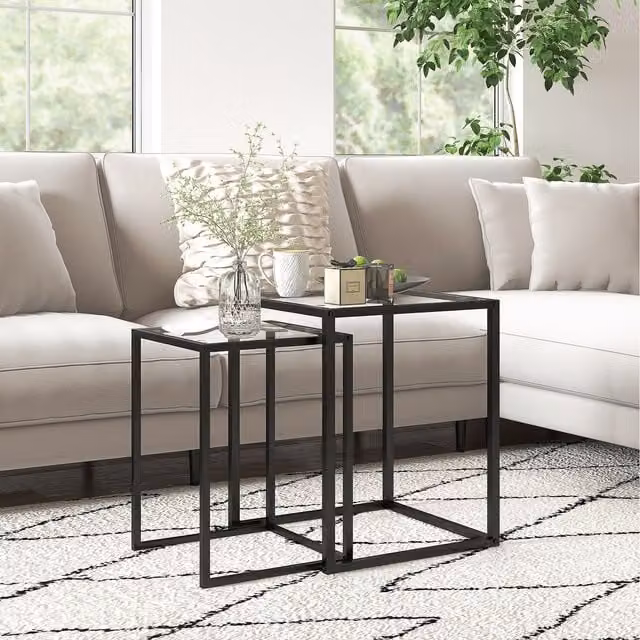 HOMCOM Set of 2 Modern Nesting Tables with Black Tempered Glass Tops