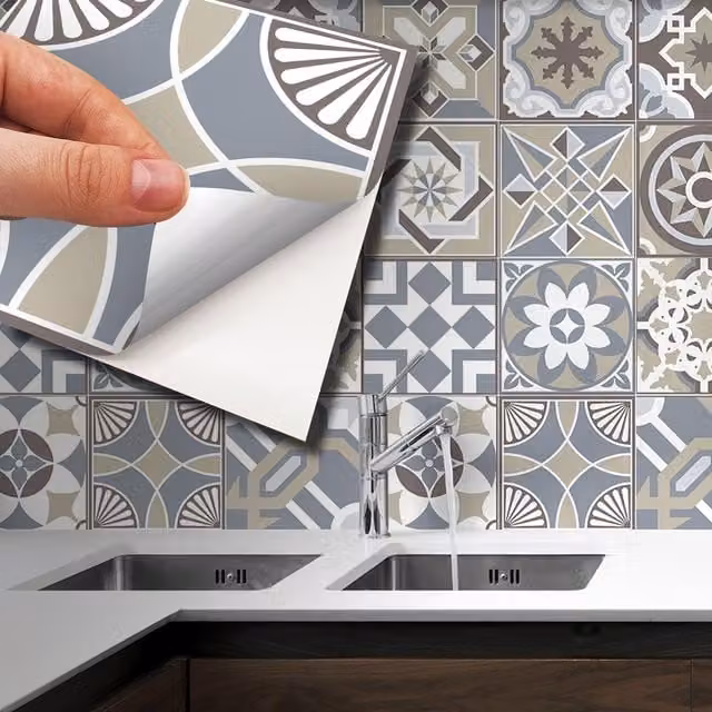 Walplus Adhesive Geometric Mediterranean Wall Tile Stickers in White, Grey and Multicolour, 24 Pack, W: 15 cm x H: 15 cm