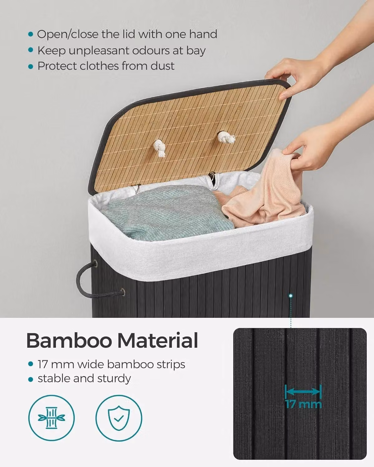 SONGMICS Medium Bamboo Foldable Laundry Basket with Lid and Removable Washable Bag, Black, W/D/H: 40 x 60 x 72 cm – 5