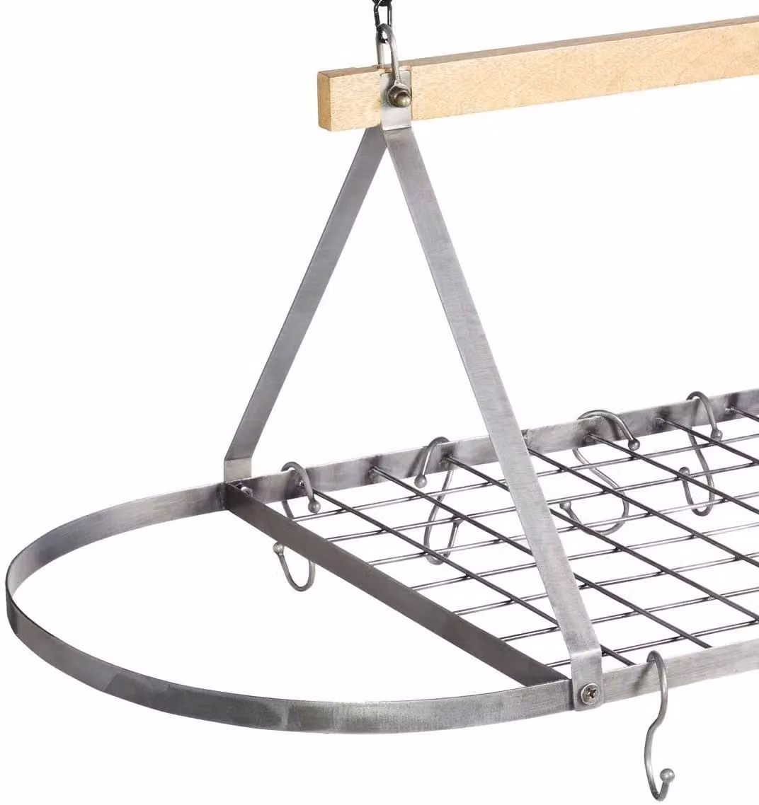 Industrial Kitchen Vintage-Style Ceiling Hanging Pot and Pan Rack with Mango Wood Shelf in Silver – 9