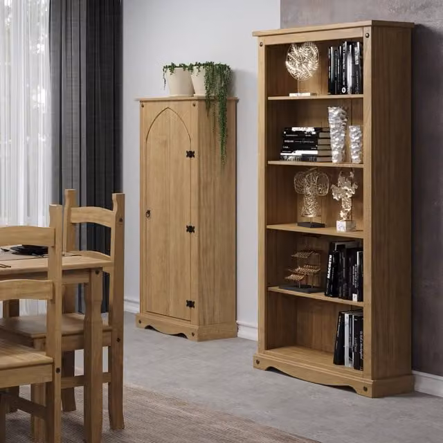Core Corona Rustic Waxed Pine Tall Bookcase with 5 Adjustable Shelves in Brown – 1