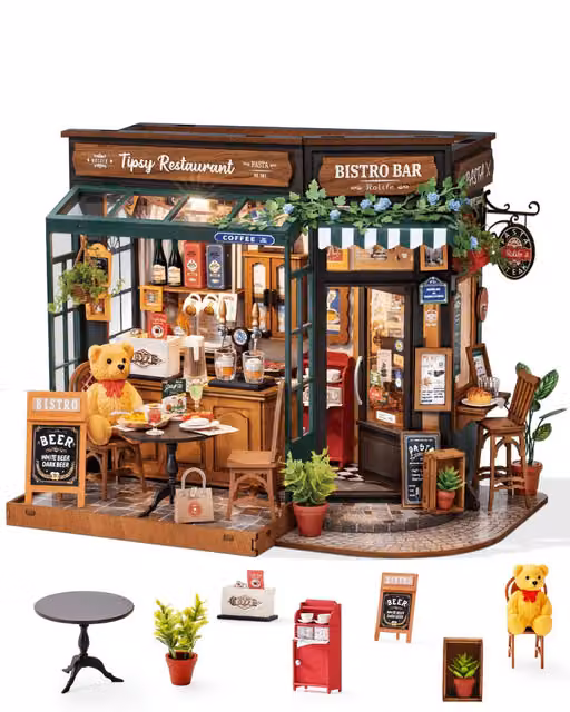 Syntego Tipsy Restaurant 3D Wooden Puzzle Miniature Dollhouse Model Kit in Brown, Orange and Multicolour
