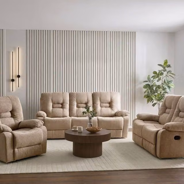 Wyld and Coco Beige Manual Recline Living Set with 3-Seater Sofa, 2-Seater Sofa and Armchair