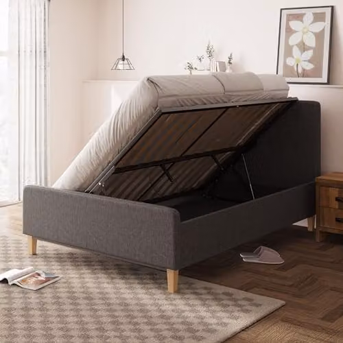 GFW Ashbourne Double Ottoman Bed Frame in Dark Grey Hopsack Fabric with Buttoned Headboard and Lift-Up Storage, H x W x D: 135 x 140 x 206 cm – 2