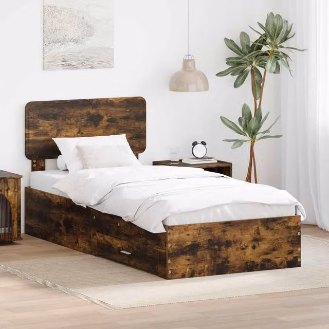Berkfield Home Bed Frame with Headboard in Smoked Oak Brown, Engineered Wood, W: 75 cm x L: 190 cm – 1