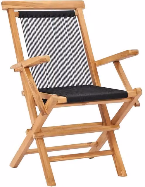 Berkfield Home Set of 2 Folding Garden Chairs in Black Solid Teak Wood and Rope – 1