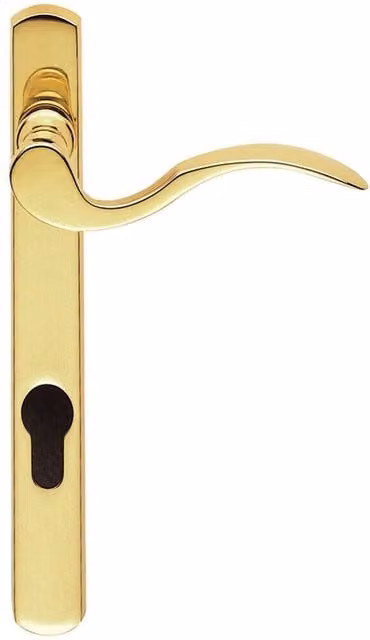 Loops Scroll Lever Door Handle with Lock Backplate in Polished Brass, W: 20.8 cm