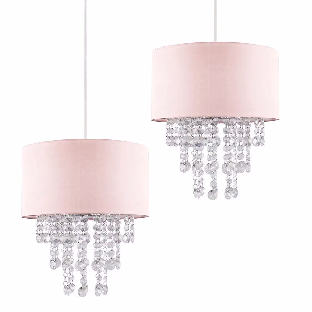 ValueLights Pink Modern Cylinder Ceiling Pendant Light Shade with Fabric and Plastic Droplets, W/D/H: 35 x 32 x 35 cm – 2