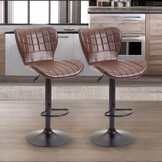 Rafaelo Mobilia Set of 2 Retro Brown Faux Leather Adjustable Height Swivel Bar Stools – 1
