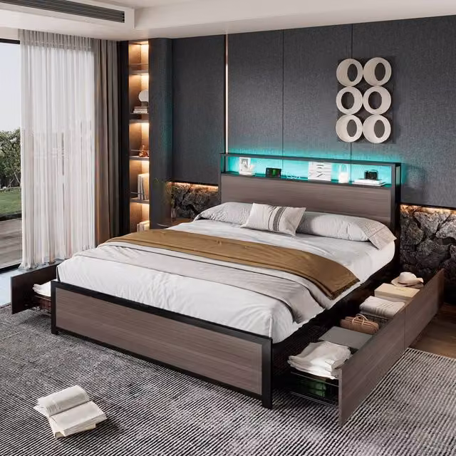 ModernLuxe Metal Double Bed in Grey with LED Strip, USB Charging Port and 4 Storage Drawers, W/D/H: 140 x 190 x 105 cm – 1