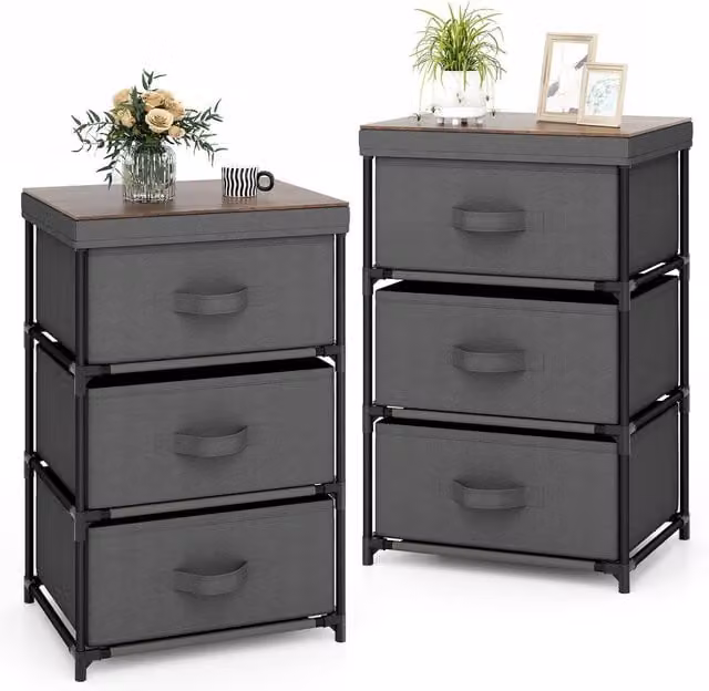 Gymax 2 Pack 3-Tier Fabric Dresser Nightstand Organiser Unit with 3 Drawers in Grey – 1