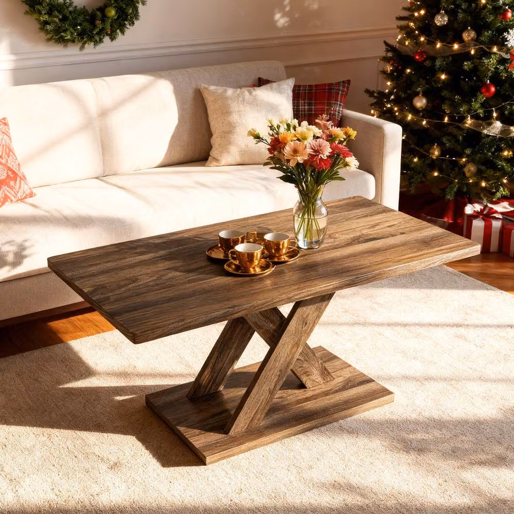 Costway Brown Rectangular Farmhouse Coffee Table with X-Frame Design – 6