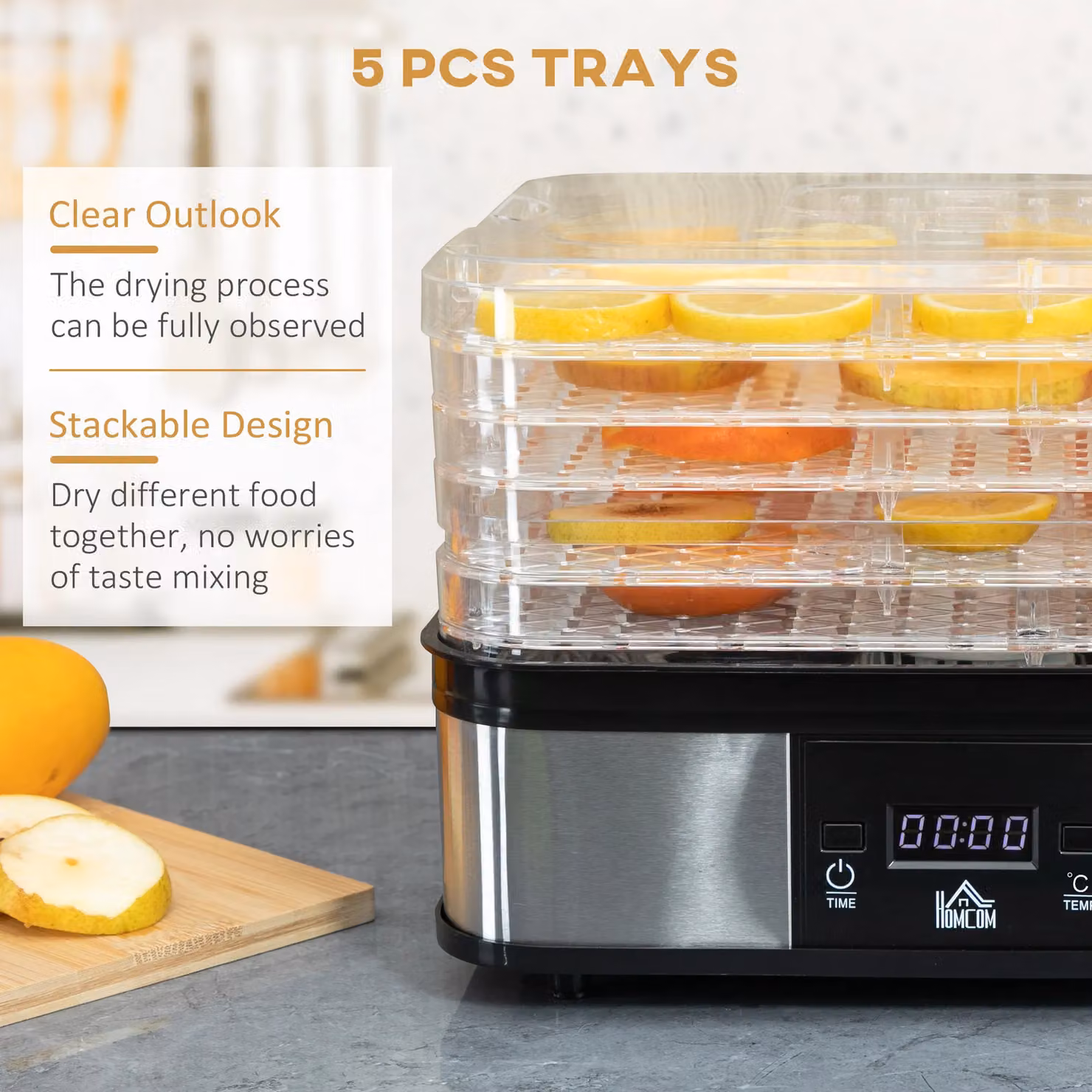 HOMCOM 5 Tier Food Dehydrator with Adjustable Temperature and Digital Display, Silver – 4