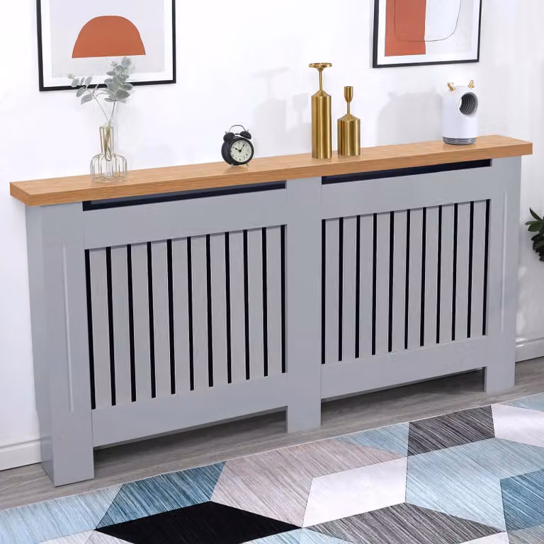 DHS Extra Large Radiator Cover with Oak Top in Grey with Vertical Slatted Design