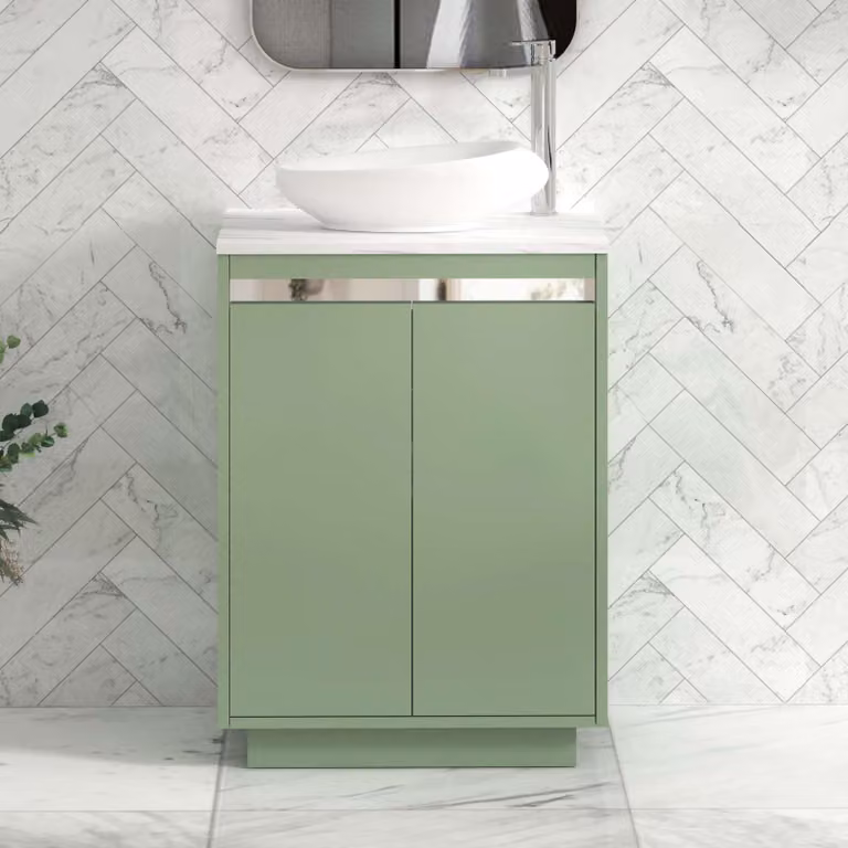 Royal Bathrooms Orion 600mm Mint Sage Floor Standing 2 Door Vanity Unit with Nova Basin and Chrome Accent Trim