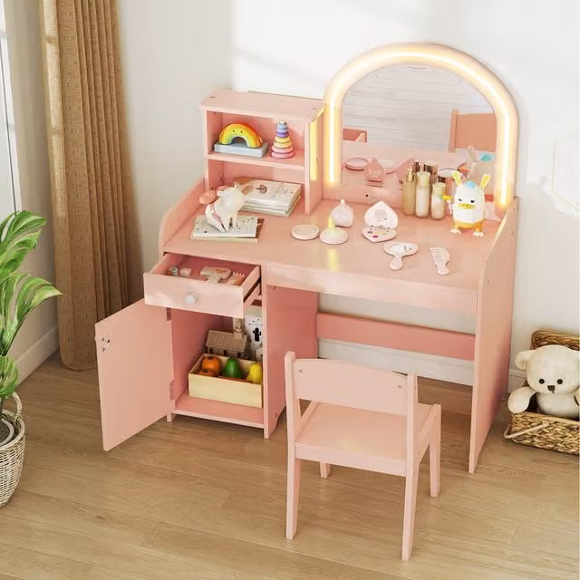 Costway Kids Makeup Vanity Set with Hollywood LED Mirror in Pink