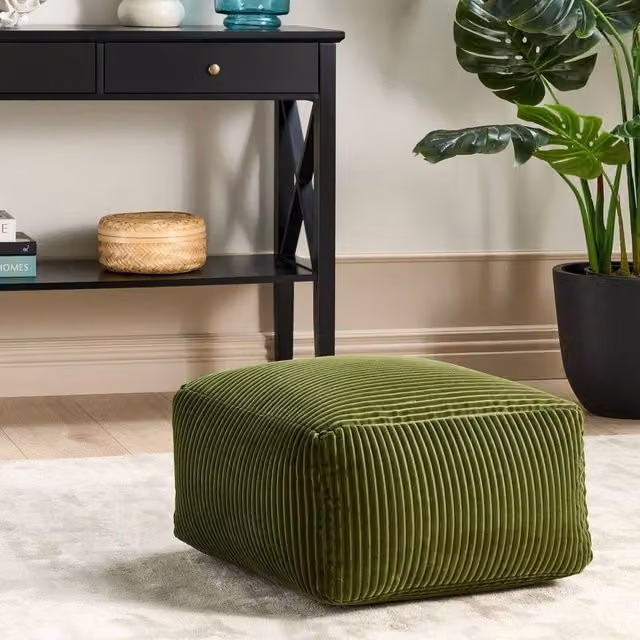 Wyld and Coco Dark Green Corduroy Cube Pouffe with Removable Cover