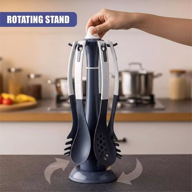 Nordara 6-Piece Silicone Kitchen Utensils Set with Rotatable Stand in Black and Grey