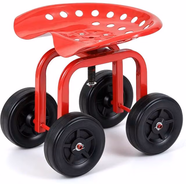 Costway Garden Cart Rolling Wagon Scooter with Height Adjustable Seat in Red – 1
