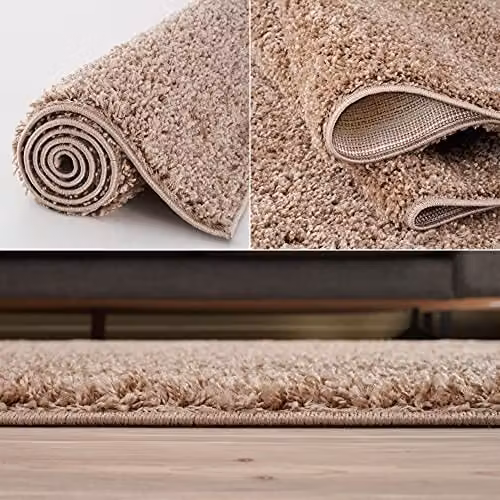 THE RUGS Beige Plain Soft High Pile Shaggy Rectangular Rug, W: 80 cm, L: 150 cm – 4
