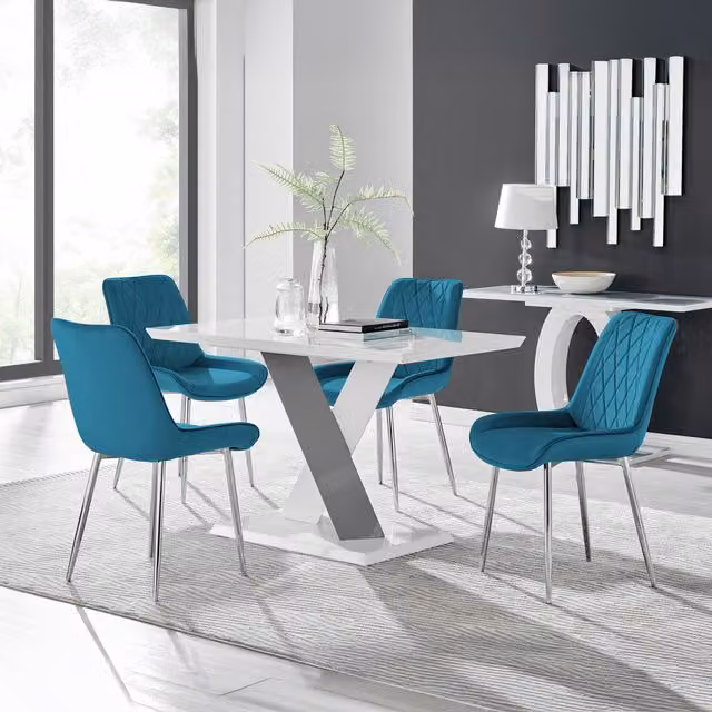 Furniturebox Monza White High Gloss Rectangular Dining Table with 4 Pesaro Silver Chairs in Blue