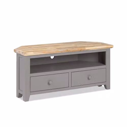 Statement Furniture Florence Wooden Corner TV Stand with 2 Drawers and Shelf in Dove Grey, W: 108 cm, H: 50 cm, D: 40 cm – 1