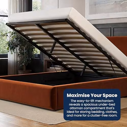 Flair Furnishings Alba Ottoman Bed, King Size Velvet and Bouclé Bed Frame with Storage and Curved Headboard, Orange, H 165 x W 150 x D 221 cm – 3