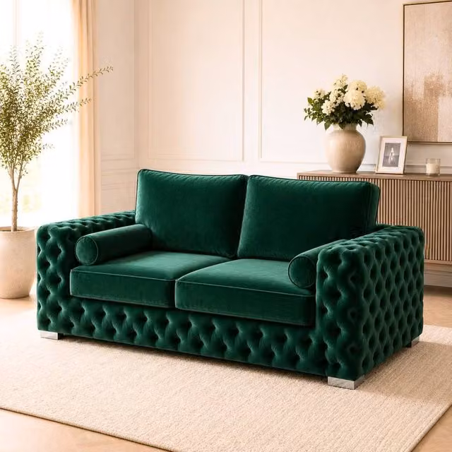 Stratus Interiors Ashley Tufted Chesterfield 2 Seater Fabric Sofa in Dark Green, W: 177.8 cm, D: 76.0 cm, H: 67.0 cm